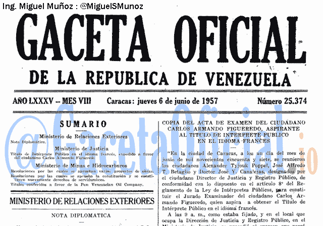 Gaceta Oficial 25374 del 6 Junio 1957