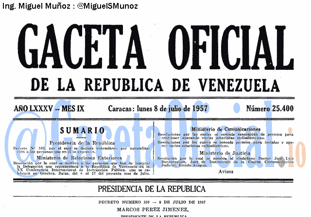 Gaceta Oficial 25400 del 8 Julio 1957