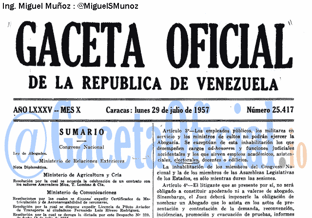 Gaceta Oficial 25417 del 29 Julio 1957