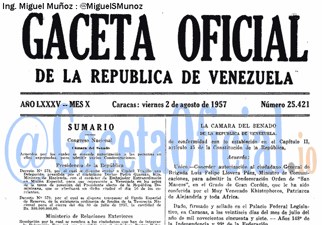 Gaceta Oficial 25421 del 2 Agosto 1957