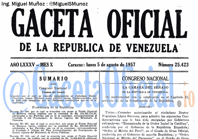 Gaceta Oficial 25423 del 5 Agosto 1957