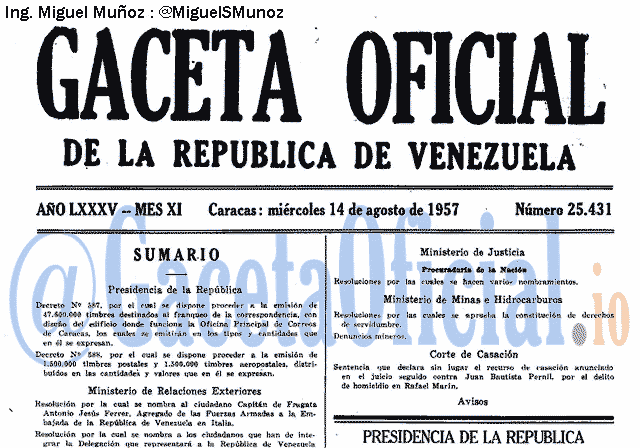 Gaceta Oficial 25431 del 14 Agosto 1957
