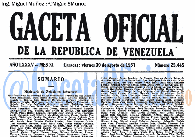 Gaceta Oficial 25445 del 30 Agosto 1957