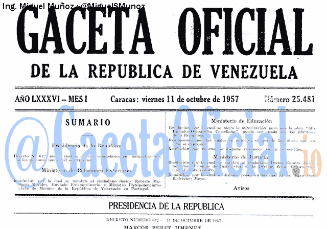 Gaceta Oficial 25481 del 11 Octubre 1957