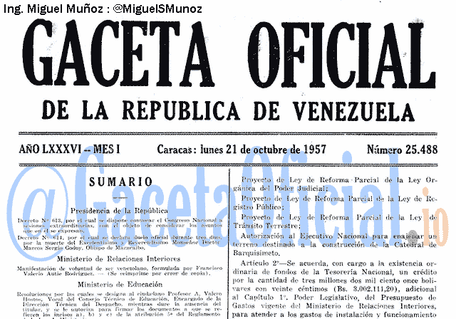 Gaceta Oficial 25488 del 21 Octubre 1957