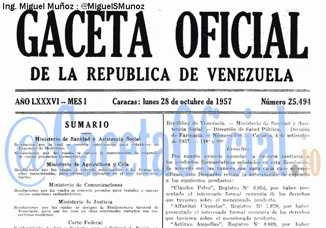 Gaceta Oficial 25494 del 28 Octubre 1957