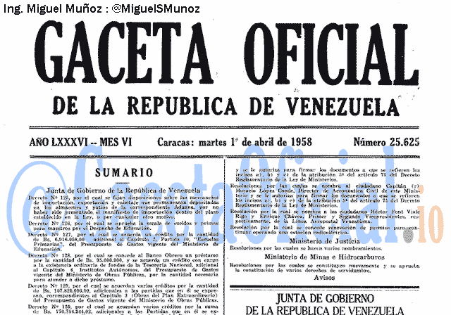 Gaceta Oficial 25625 del 1 Abril 1958
