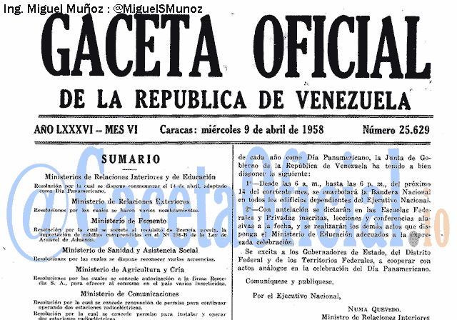 Gaceta Oficial 25629 del 9 Abril 1958