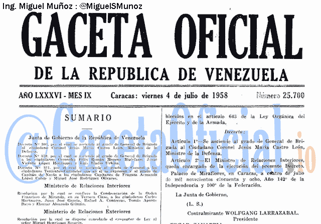 Gaceta Oficial 25700 del 4 Julio 1958