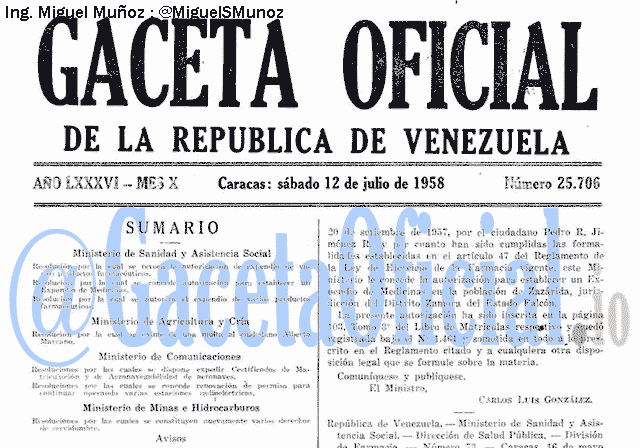 Gaceta Oficial 25706 del 12 Julio 1958