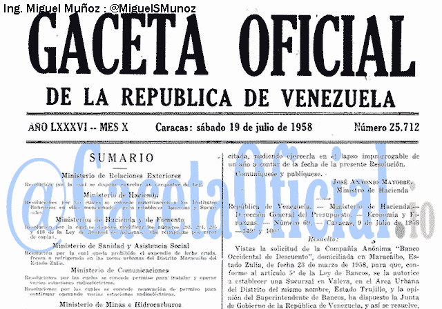 Gaceta Oficial 25712 del 19 Julio 1958