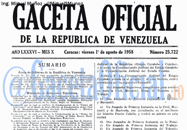 Gaceta Oficial 25722 del 1 Agosto 1958