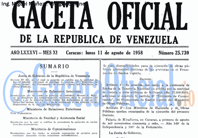 Gaceta Oficial 25730 del 11 Agosto 1958
