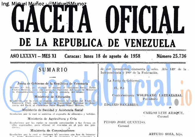 Gaceta Oficial 25736 del 18 Agosto 1958