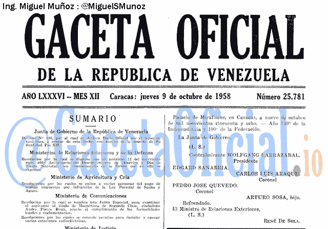 Gaceta Oficial 25781 del 9 Octubre 1958