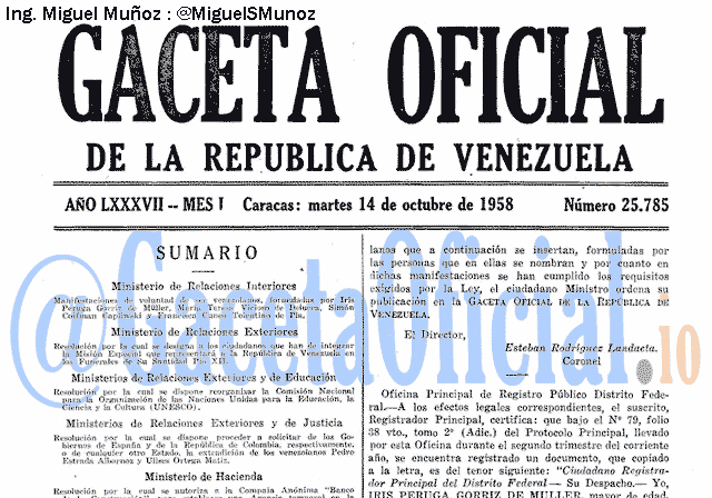 Gaceta Oficial 25785 del 14 Octubre 1958
