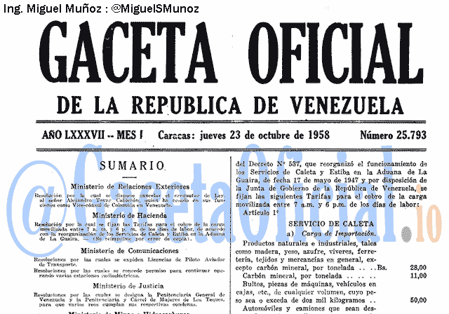 Gaceta Oficial 25793 del 23 Octubre 1958