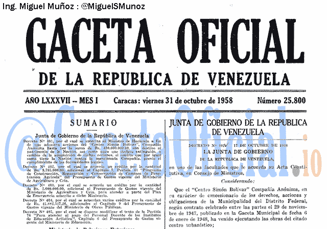 Gaceta Oficial 25800 del 31 Octubre 1958