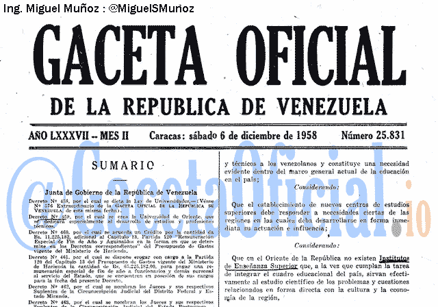 Gaceta Oficial 25831 del 6 Diciembre 1958