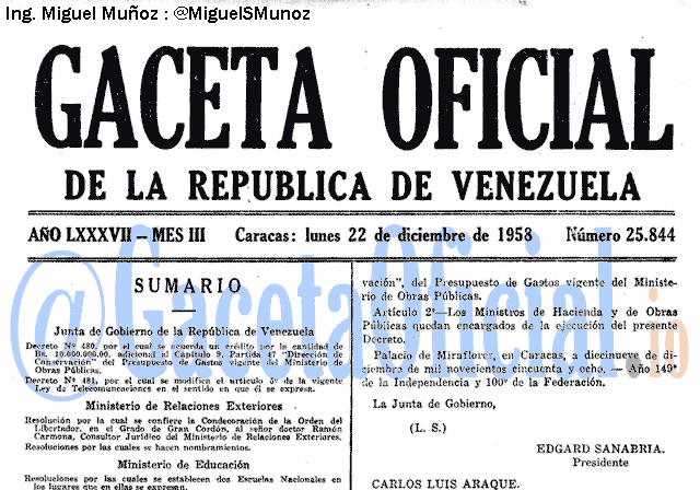 Gaceta Oficial 25844 del 22 Diciembre 1958