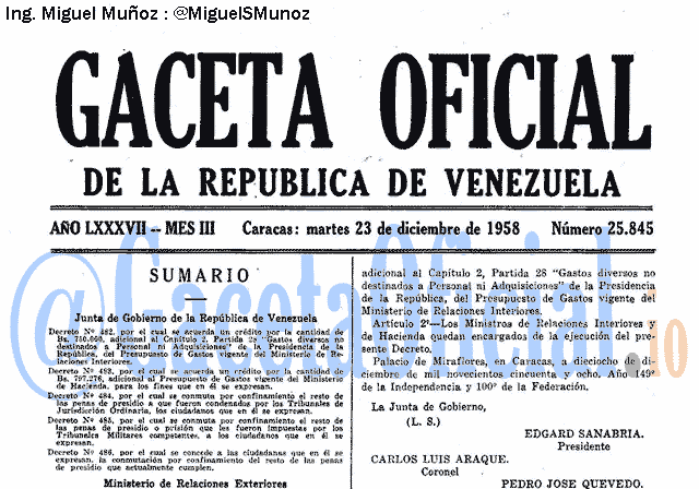 Gaceta Oficial 25845 del 23 Diciembre 1958