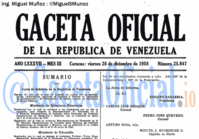 Gaceta Oficial 25847 del 26 Diciembre 1958