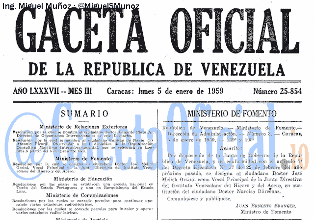 Gaceta Oficial 25854 del 5 Enero 1959