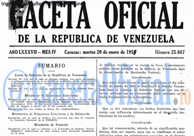 Gaceta Oficial 25867 del 20 Enero 1959