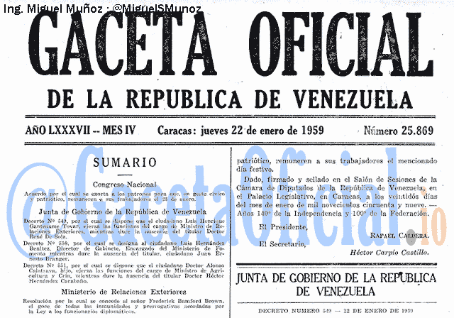 Gaceta Oficial 25869 del 22 Enero 1959