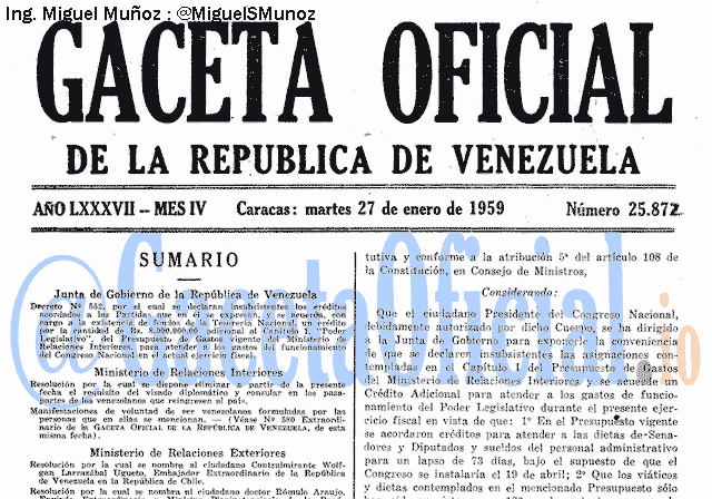 Gaceta Oficial 25872 del 27 Enero 1959