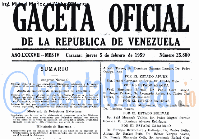 Gaceta Oficial 25880 del 5 Febrero 1959