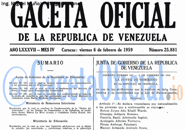 Gaceta Oficial 25881 del 6 Febrero 1959