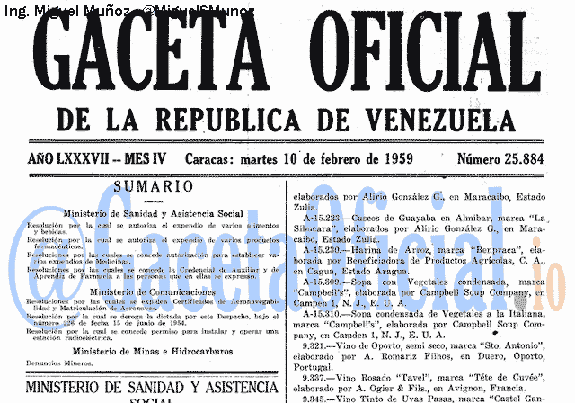 Gaceta Oficial 25884 del 10 Febrero 1959