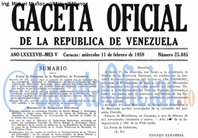 Gaceta Oficial 25885 del 11 Febrero 1959