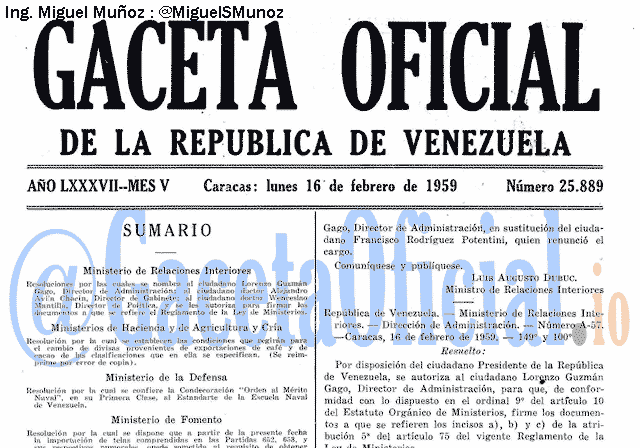 Gaceta Oficial 25889 del 16 Febrero 1959