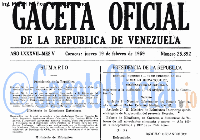 Gaceta Oficial 25892 del 19 Febrero 1959