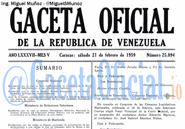 Gaceta Oficial 25894 del 21 Febrero 1959