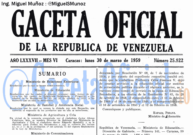 Gaceta Oficial 25922 del 30 Marzo 1959