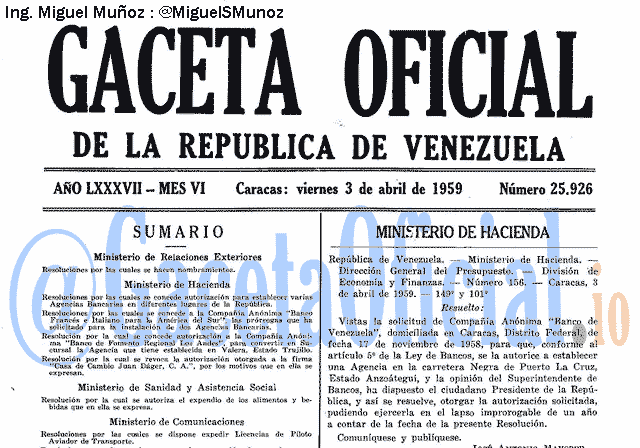 Gaceta Oficial 25926 del 3 Abril 1959
