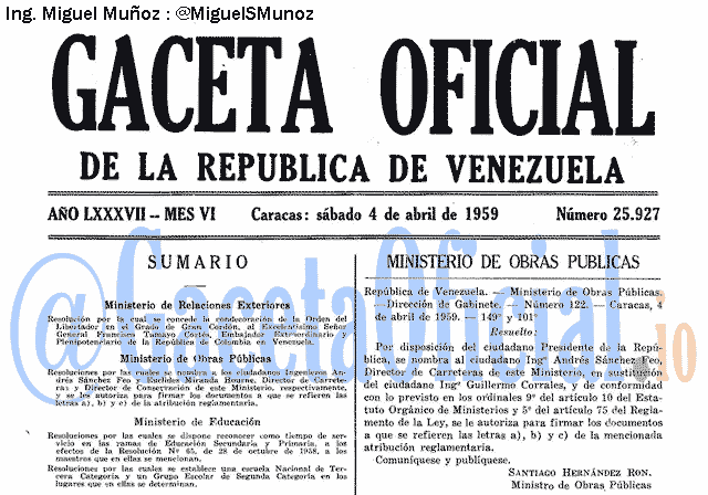 Gaceta Oficial 25927 del 4 Abril 1959