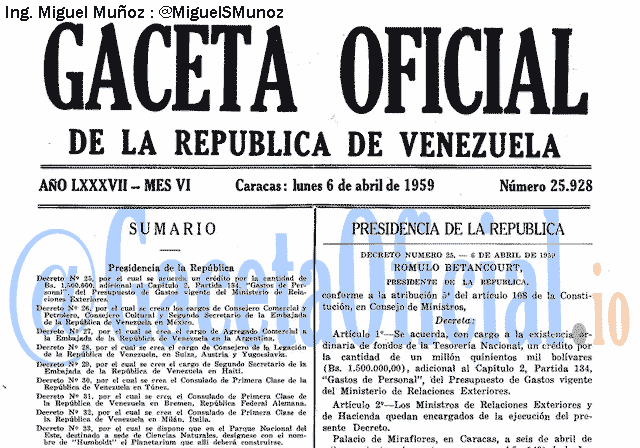 Gaceta Oficial 25928 del 6 Abril 1959