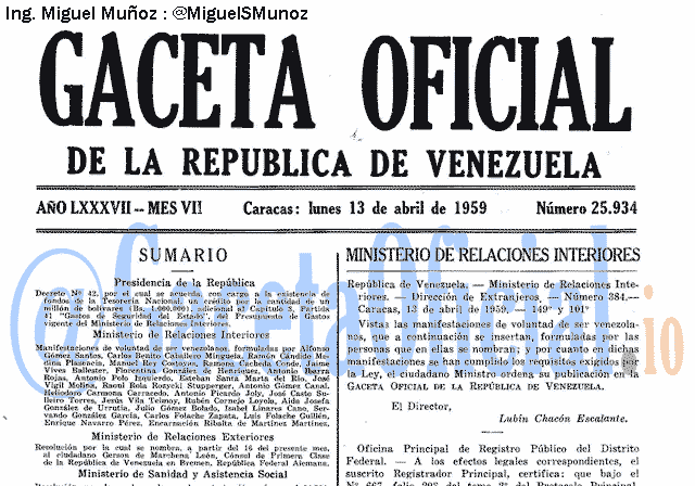 Gaceta Oficial 25934 del 13 Abril 1959