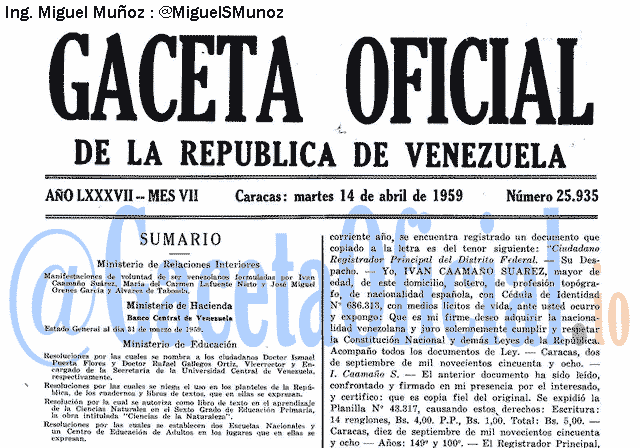 Gaceta Oficial 25935 del 14 Abril 1959
