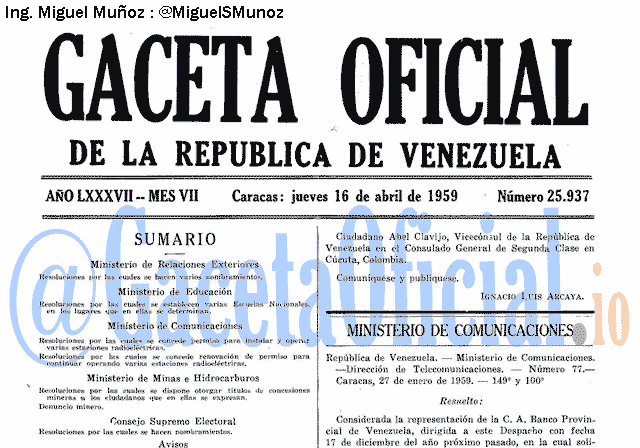 Gaceta Oficial 25937 del 16 Abril 1959