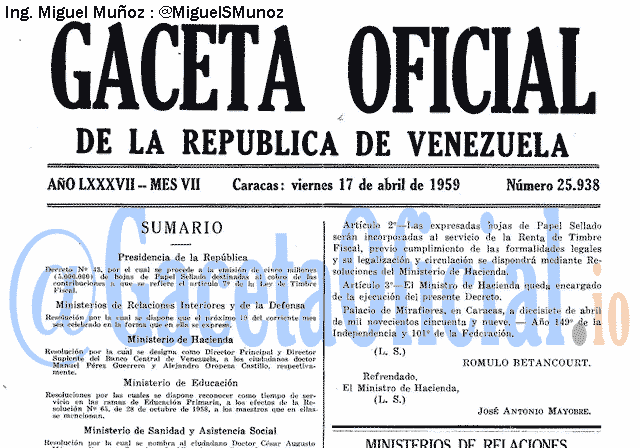 Gaceta Oficial 25938 del 17 Abril 1959