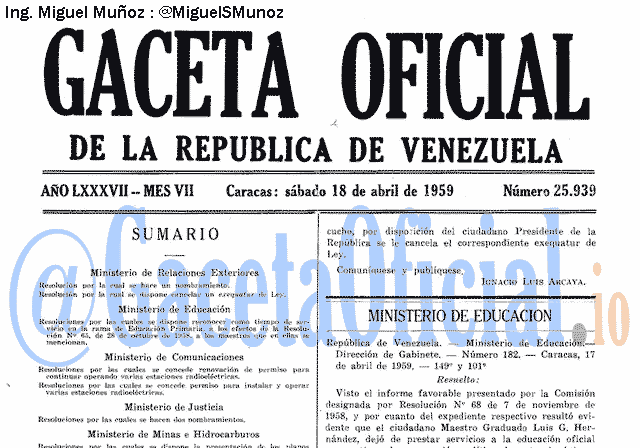 Gaceta Oficial 25939 del 18 Abril 1959