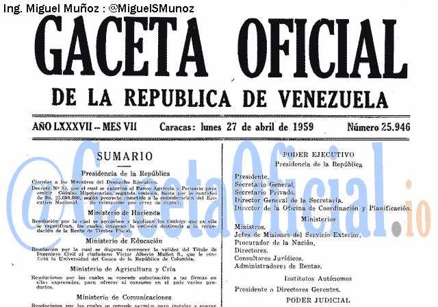 Gaceta Oficial 25946 del 27 Abril 1959