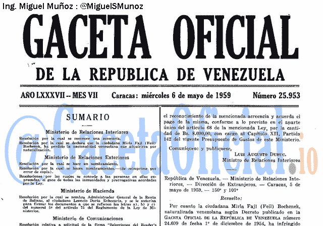 Gaceta Oficial 25953 del 6 Mayo 1959
