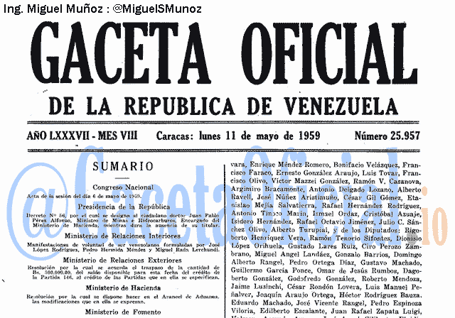 Gaceta Oficial 25957 del 11 Mayo 1959