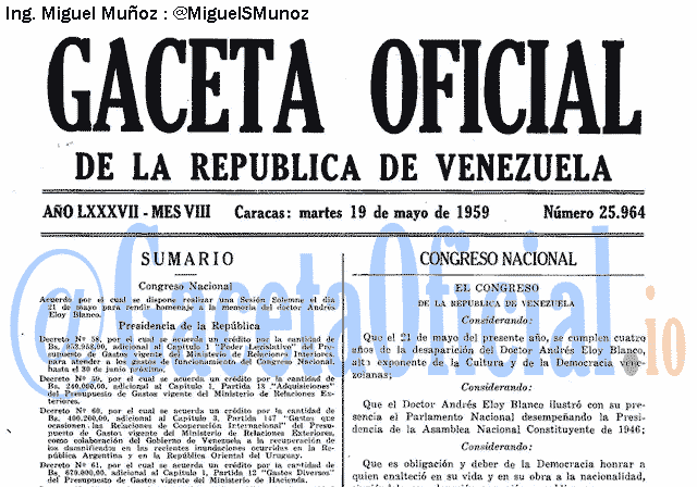 Gaceta Oficial 25964 del 19 Mayo 1959